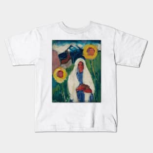 Sketch of a Woman among Sunflowers Kids T-Shirt
